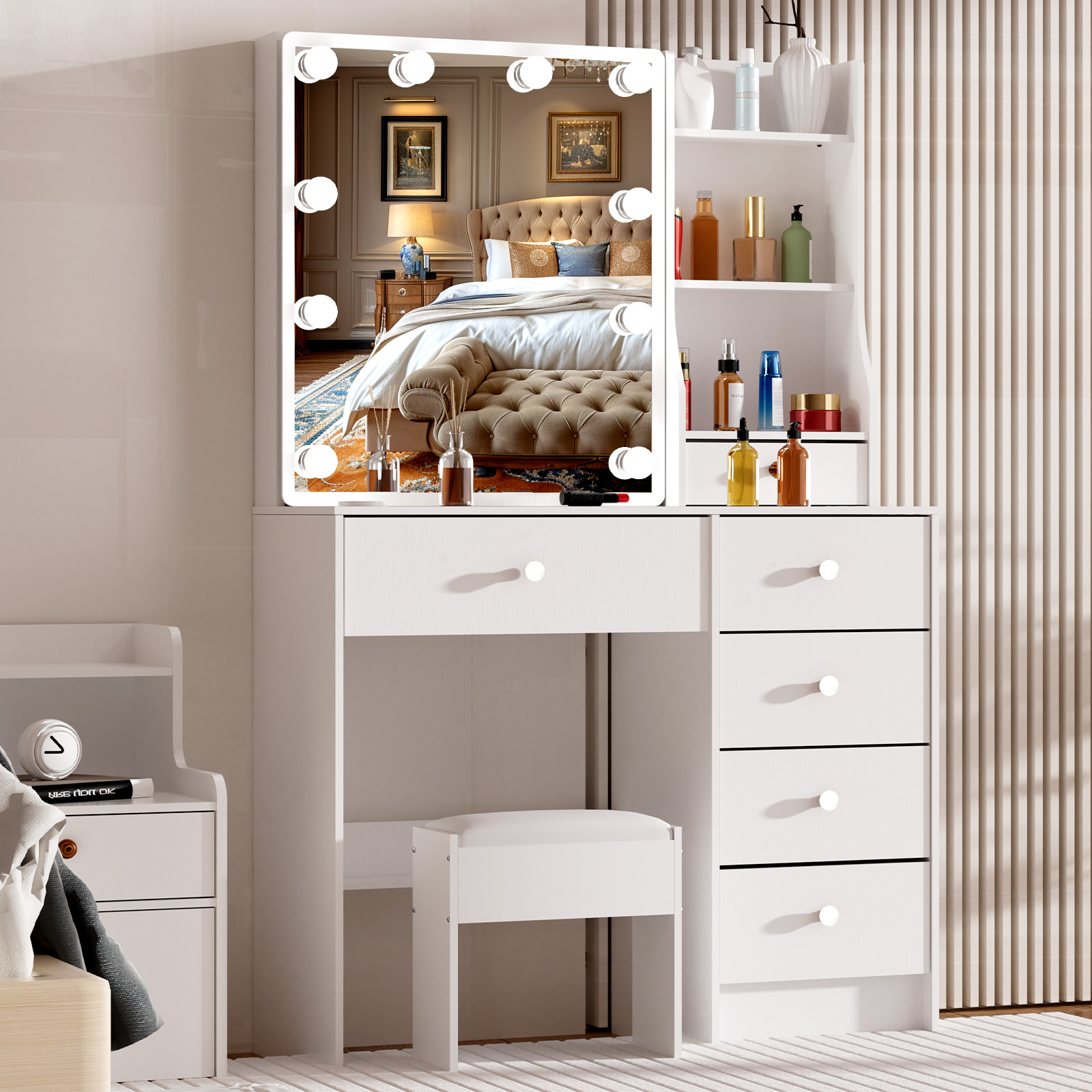 Office Furniture Reborn - Moderne witte make-uptafel met LED-verlichte spiegel,