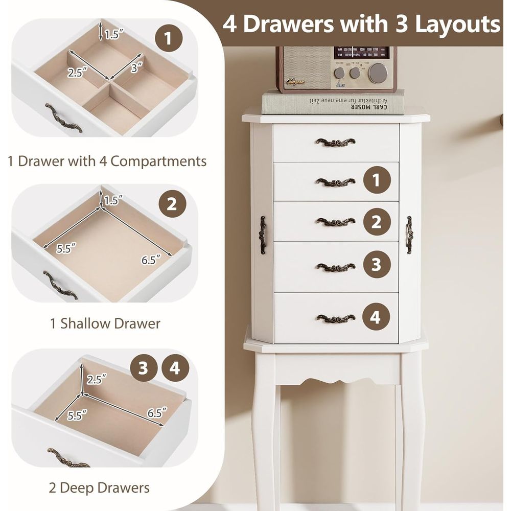 Witte staande sieradenkast met - Drawer Organizer Tray recensie en prijs